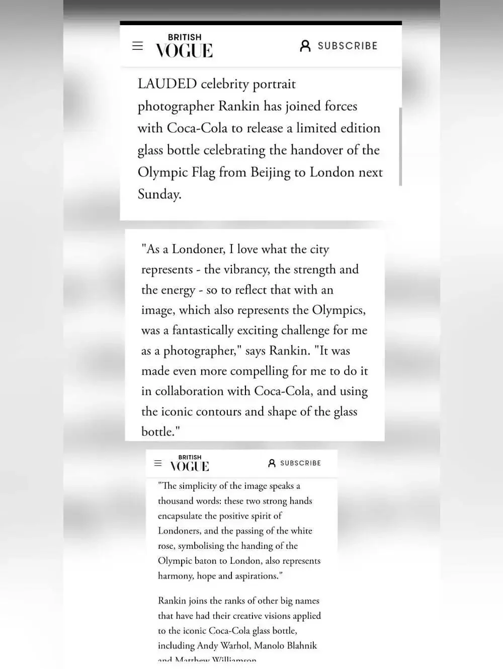 Limited Edition Coca Cola Bottle London Olympics Photographer Rankin RARE 9.5